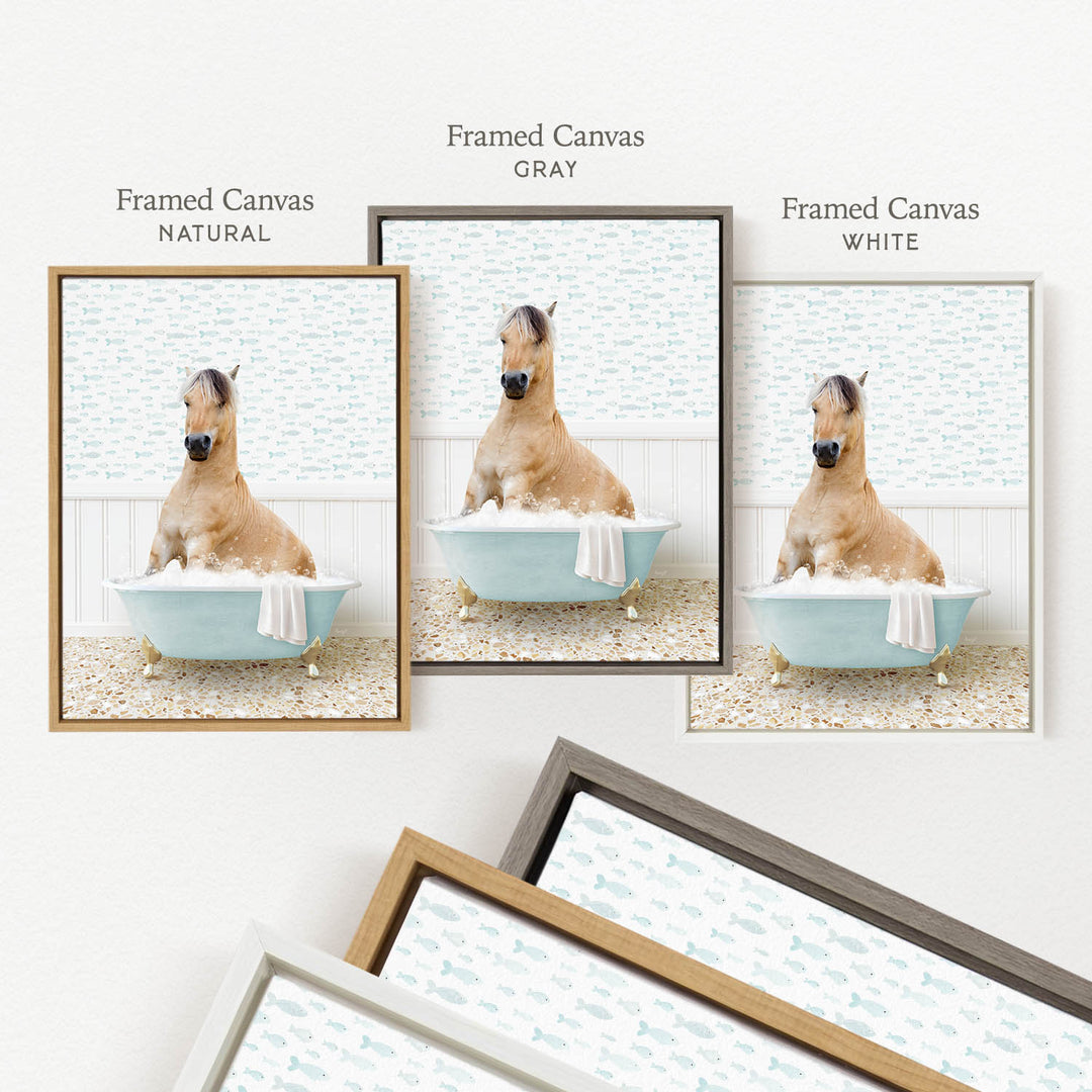 a brown horse sitting in a blue bathtub, surrounded by three framed pictures of the same scene.