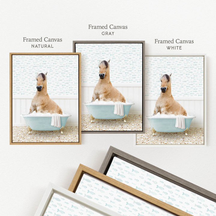 a brown horse sitting in a blue bathtub, surrounded by three framed pictures of the same scene.