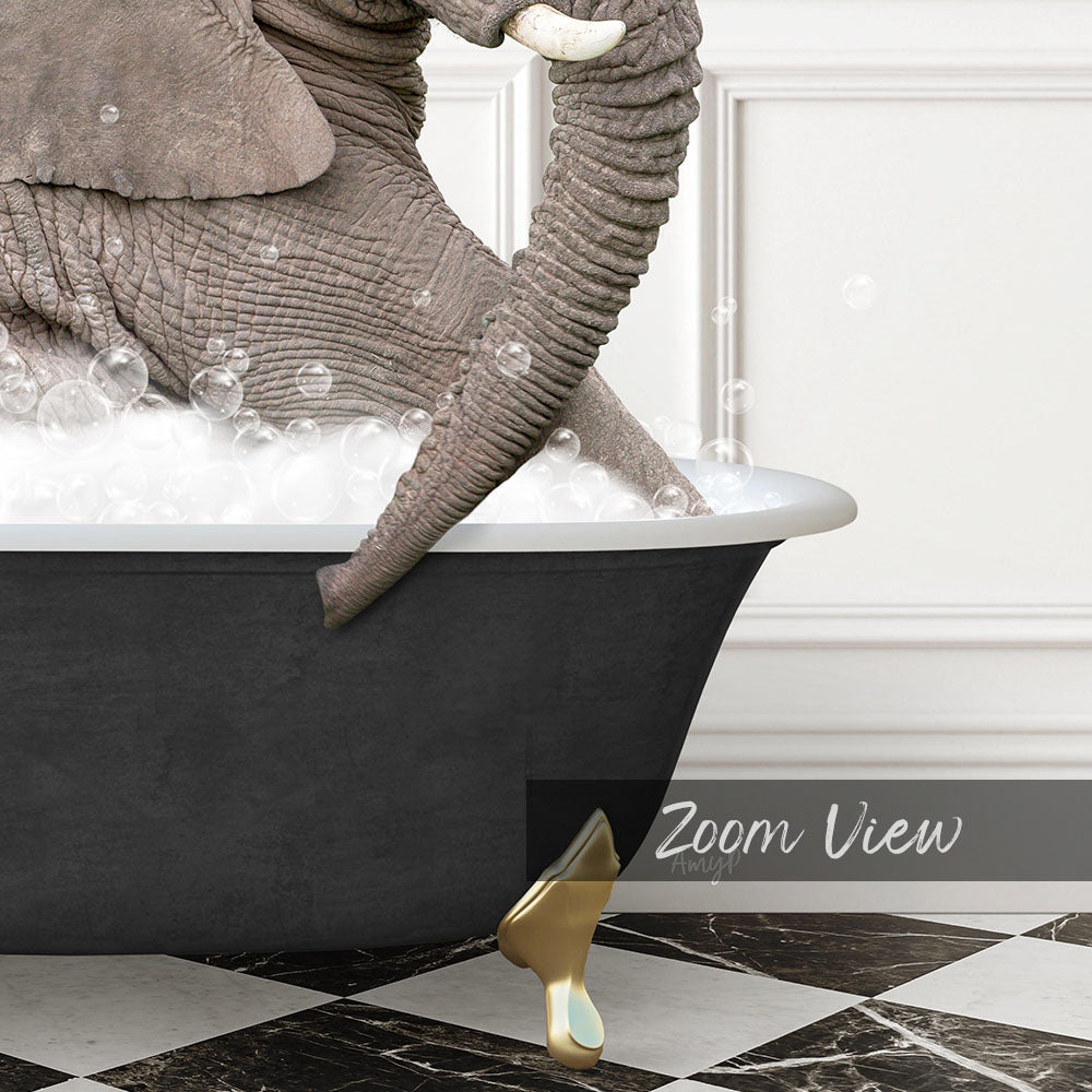 A large elephant is sitting in a bathtub filled with bubbles, with its trunk submerged in the water.
