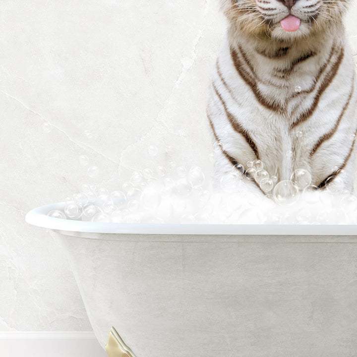 a white tiger sitting in a bathtub with bubbles