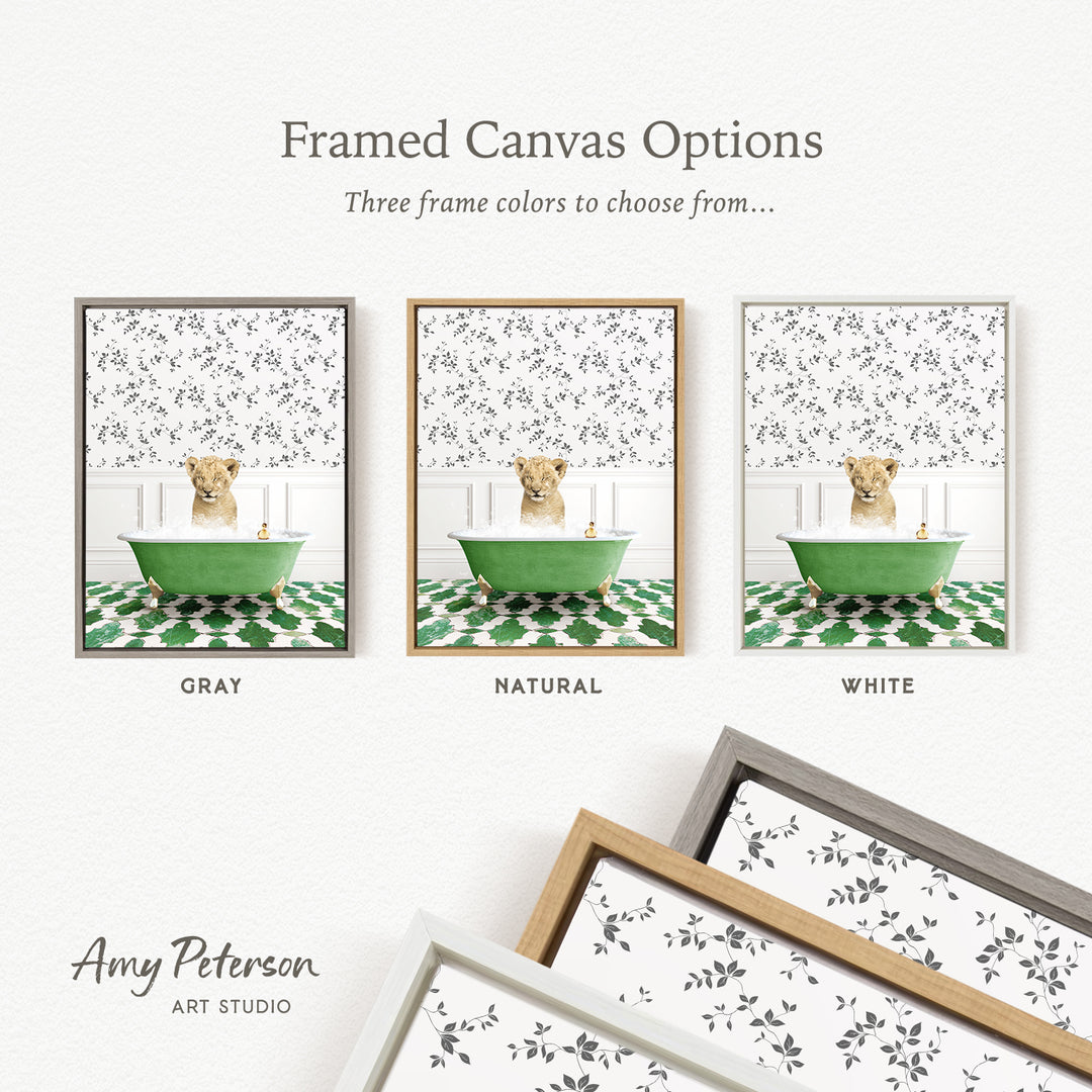 The image is a framed canvas option featuring three different framed pictures of a dog sitting in a bathtub, each with a different color frame.