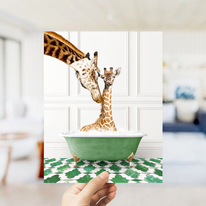A mother giraffe and her baby giraffe are sitting together in a green bathtub filled with water, creating a heartwarming scene.