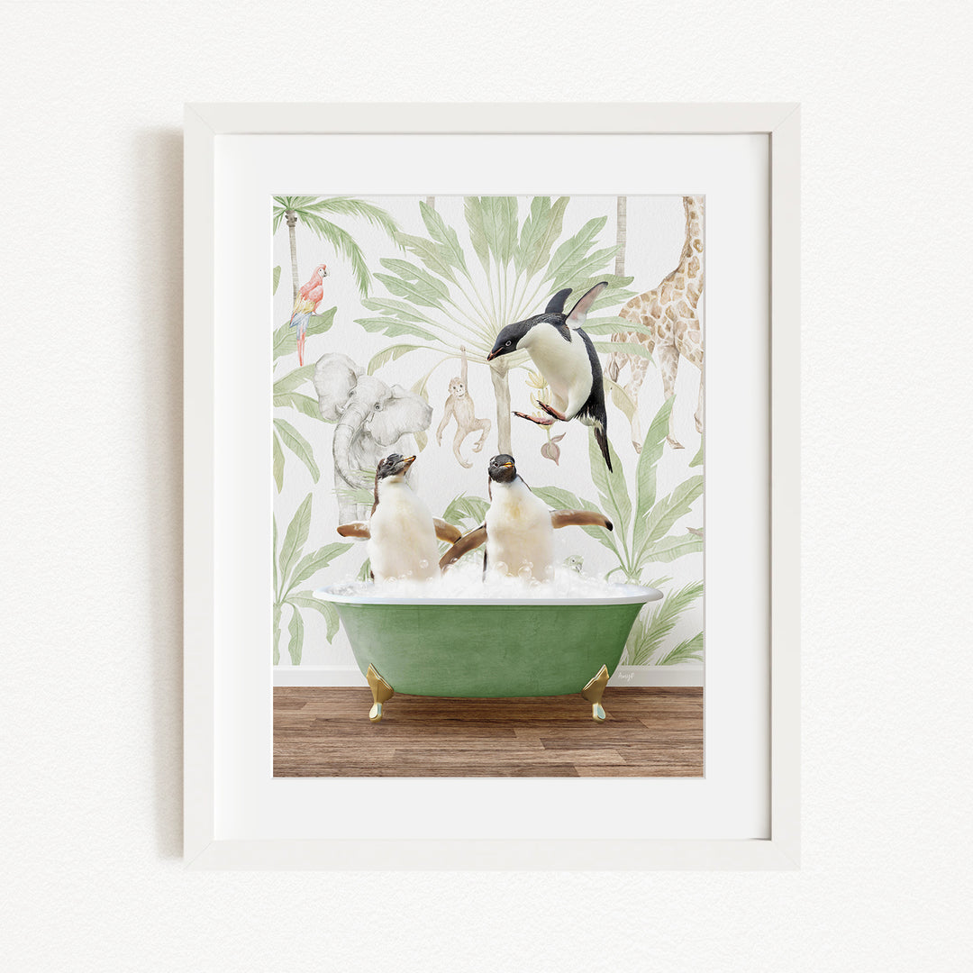 A framed image depicting three penguins sitting in a green bathtub, surrounded by a tropical jungle wallpaper.