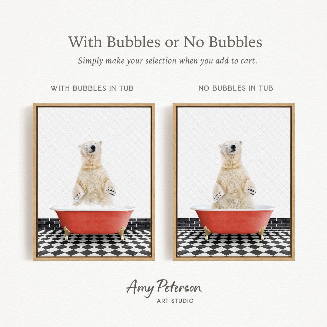 The image is a collage of two pictures featuring a polar bear sitting in a red bathtub. The polar bear is sitting on a black and white checkered floor. The text above the images reads "With Bubbles or No Bubbles" and below the images, it says "Simply make your selection when you add to cart."