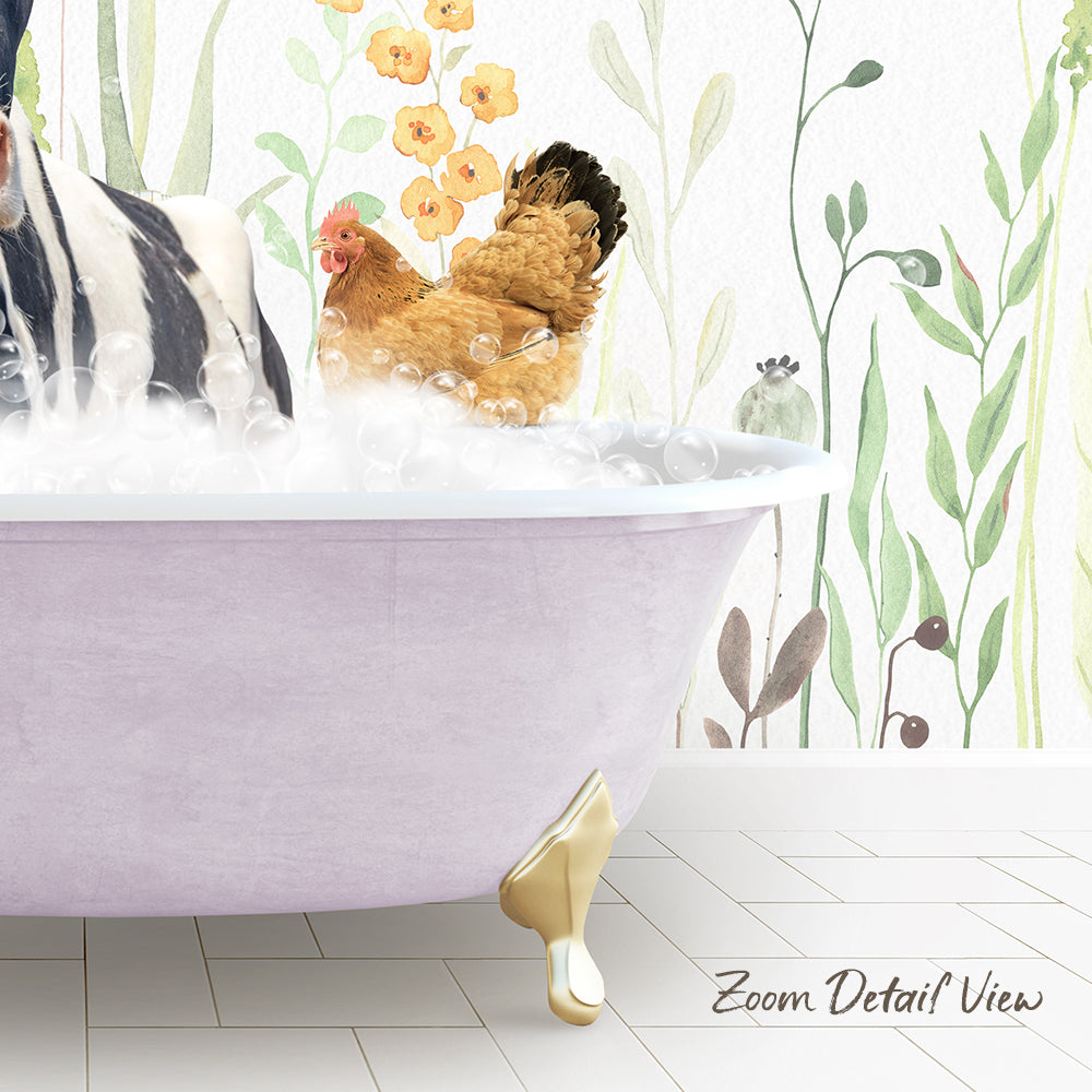 A pink bathtub filled with bubbles, with a brown chicken standing inside and a green plant in the background.