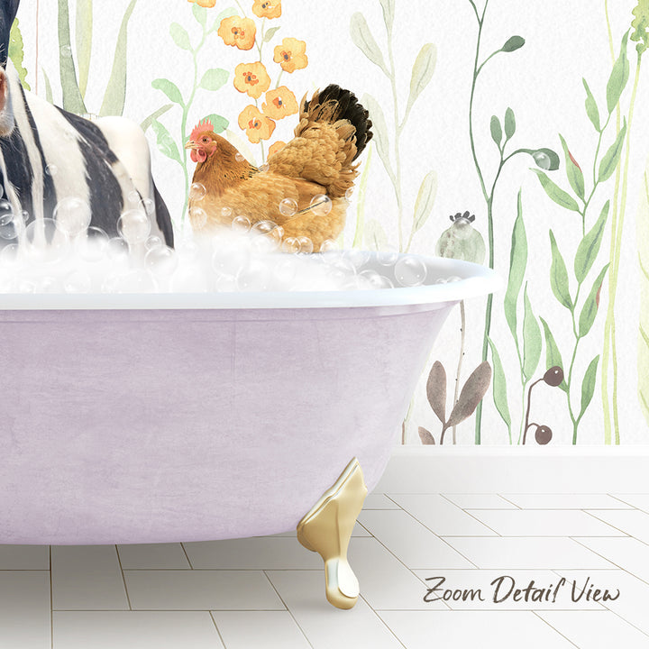 A pink bathtub filled with bubbles, with a brown chicken standing inside and a green plant in the background.