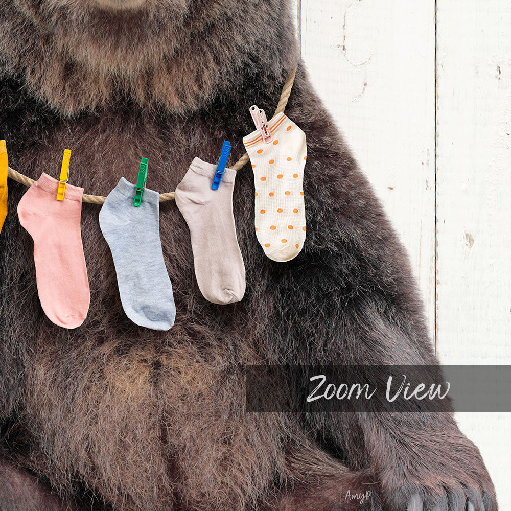 A bear wearing socks with different colors hanging on a clothesline.