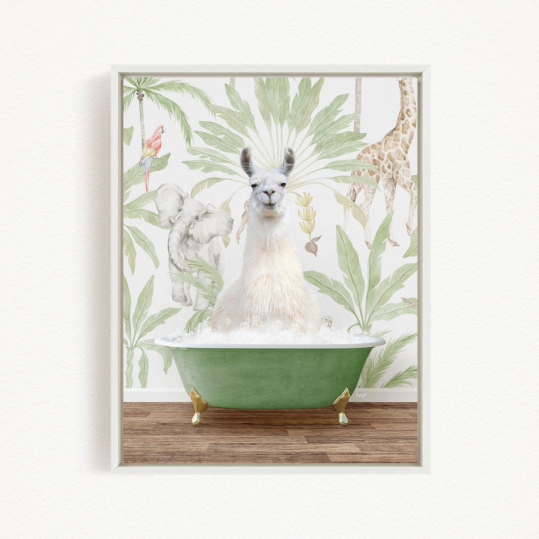 A white llama sitting in a green bathtub, surrounded by tropical foliage and animals, including a giraffe and a parrot.