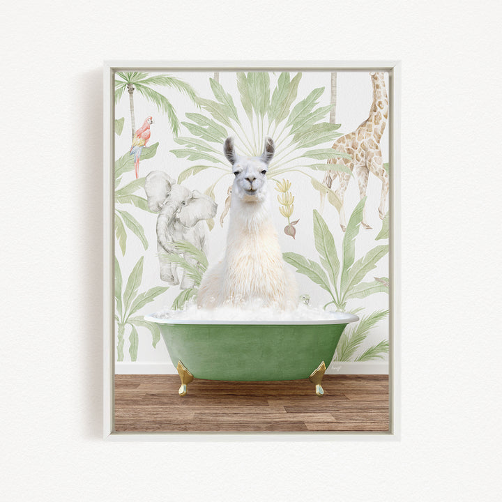 A white llama sitting in a green bathtub, surrounded by tropical foliage and animals, including a giraffe and a parrot.