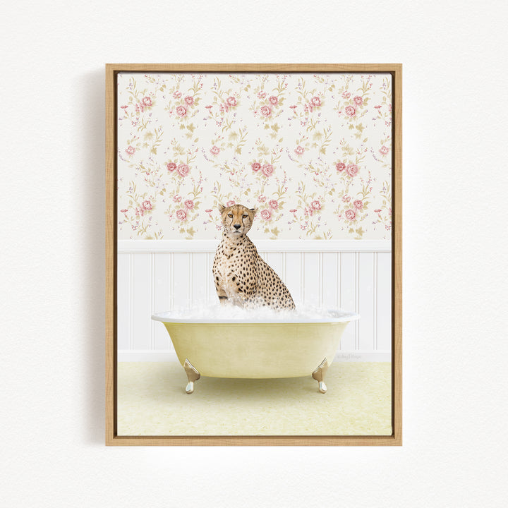 A cheetah sitting in a bathtub filled with water, surrounded by a floral wallpaper.