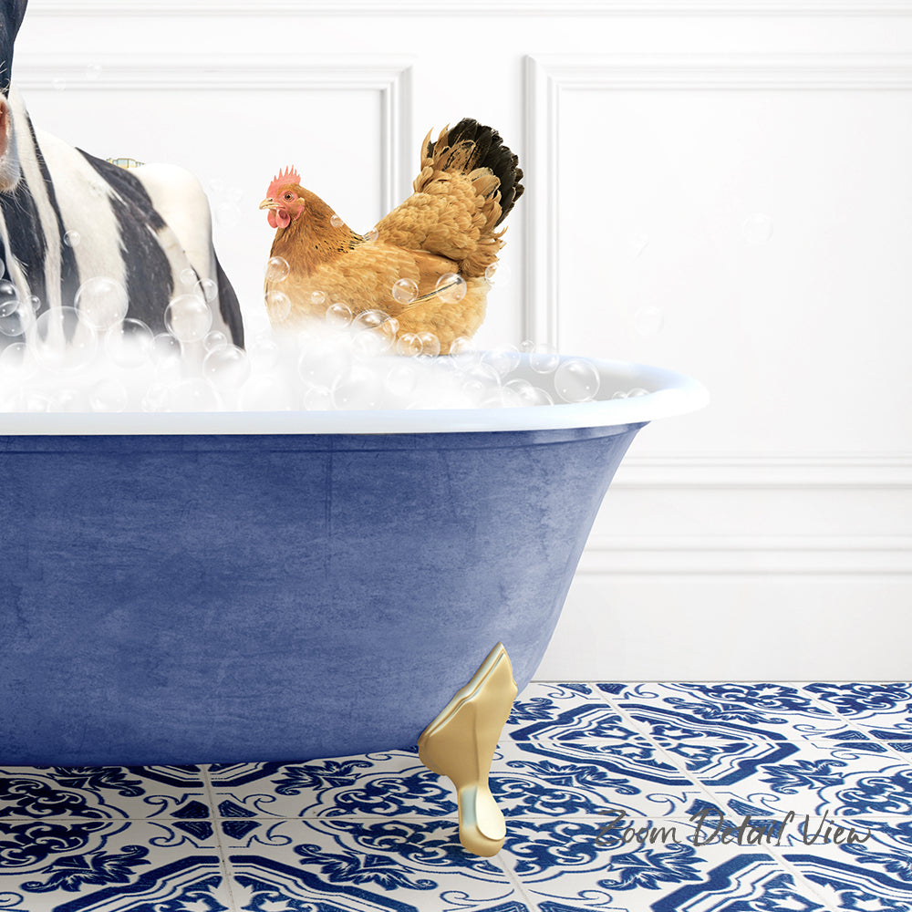 A chicken standing in a blue bathtub filled with bubbles, with a white wall and patterned floor in the background.