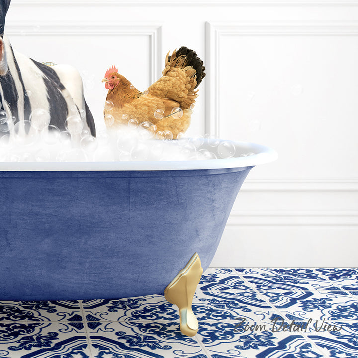 A chicken standing in a blue bathtub filled with bubbles, with a white wall and patterned floor in the background.