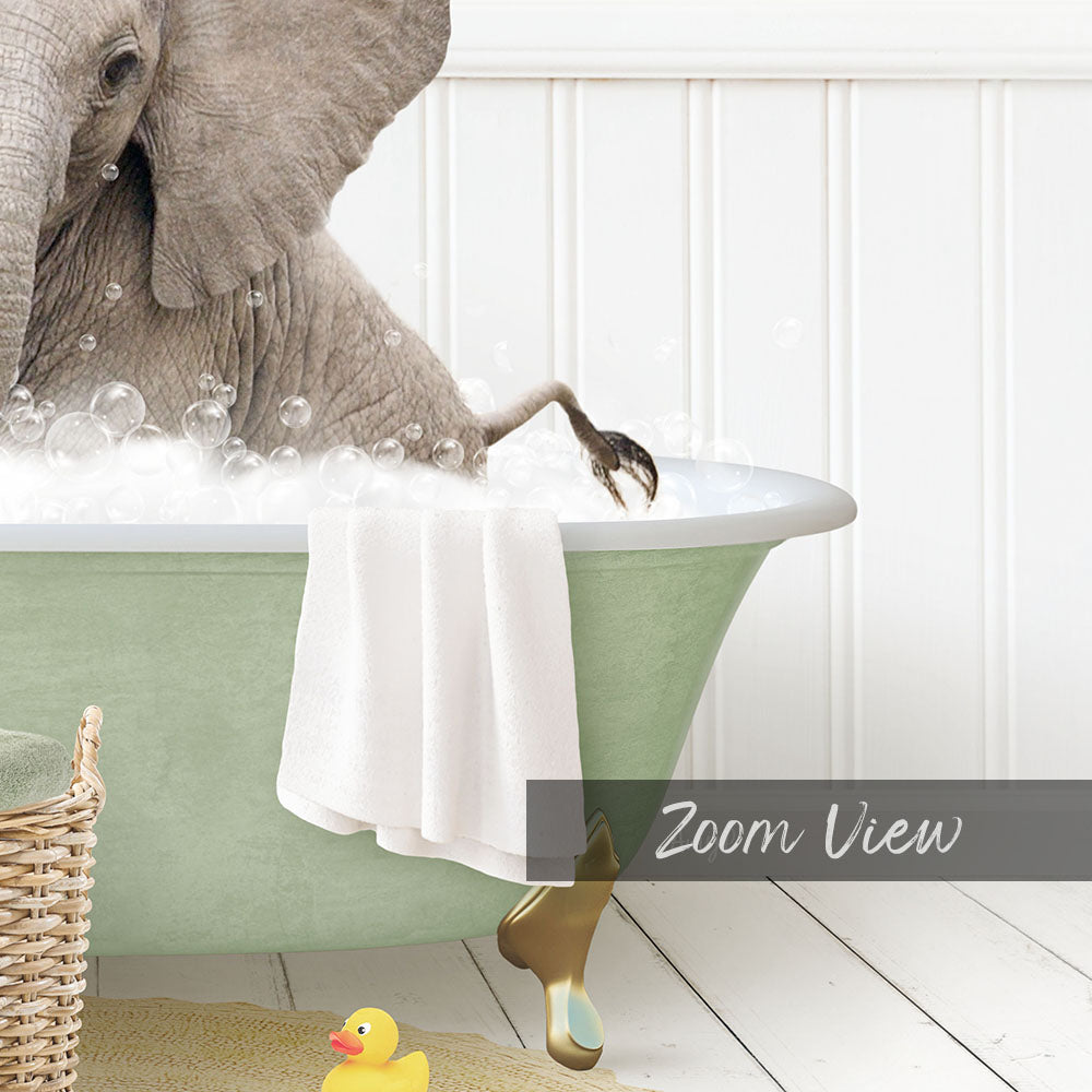 A large elephant is taking a bath in a green bathtub, surrounded by bubbles and a yellow rubber duck.
