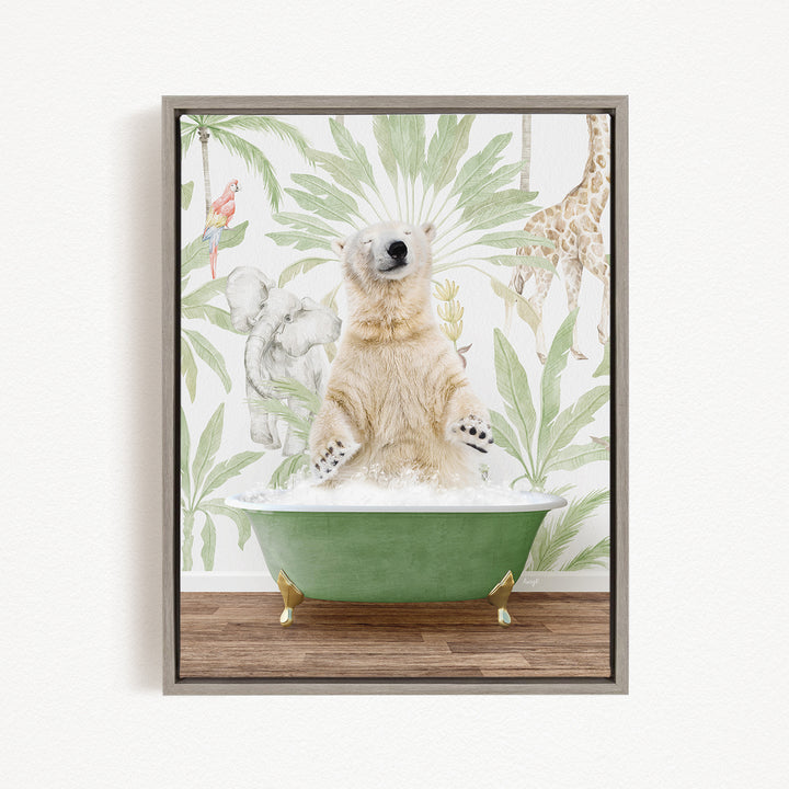 A polar bear sitting in a green bathtub, surrounded by tropical plants and animals, creating a whimsical and playful scene.