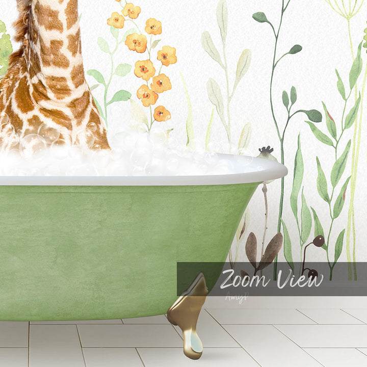A giraffe standing in a green bathtub filled with water, surrounded by a floral wallpaper.