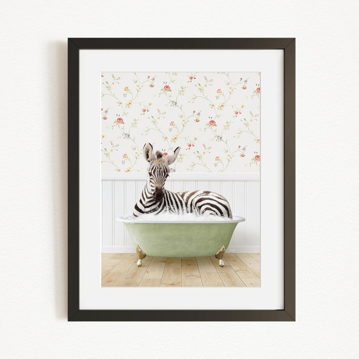 A zebra is sitting in a green bathtub, surrounded by a floral wallpaper.