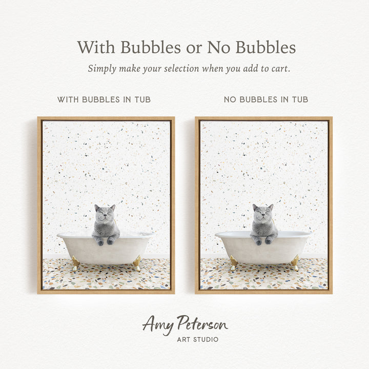 The image is a collage of two pictures, each featuring a cat sitting in a bathtub. The cat appears to be gray and white, and it is sitting on the edge of the bathtub. The text above the images reads "With Bubbles or No Bubbles" and below the images, it says "Simply make your selection when you add to cart."