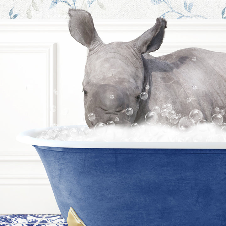 a rhino in a bath tub with bubbles