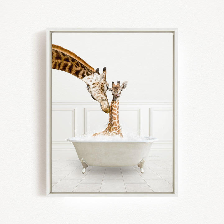 A mother giraffe and her baby giraffe are enjoying a relaxing bath together in a white bathtub, with the mother gently nuzzling her baby.
