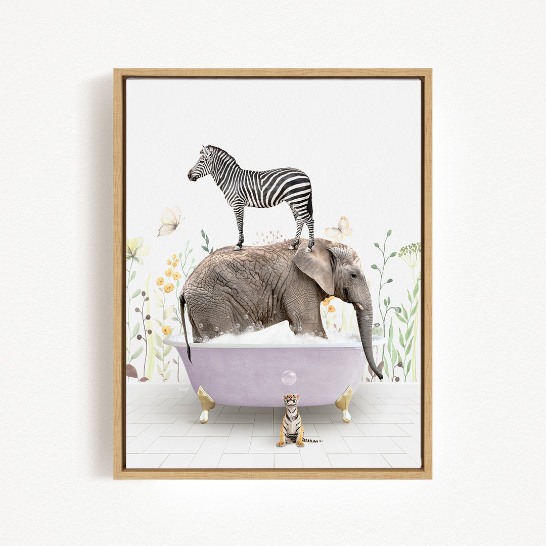 A zebra stands on the back of an elephant in a bathtub, surrounded by flowers and butterflies, creating a whimsical and surreal scene.