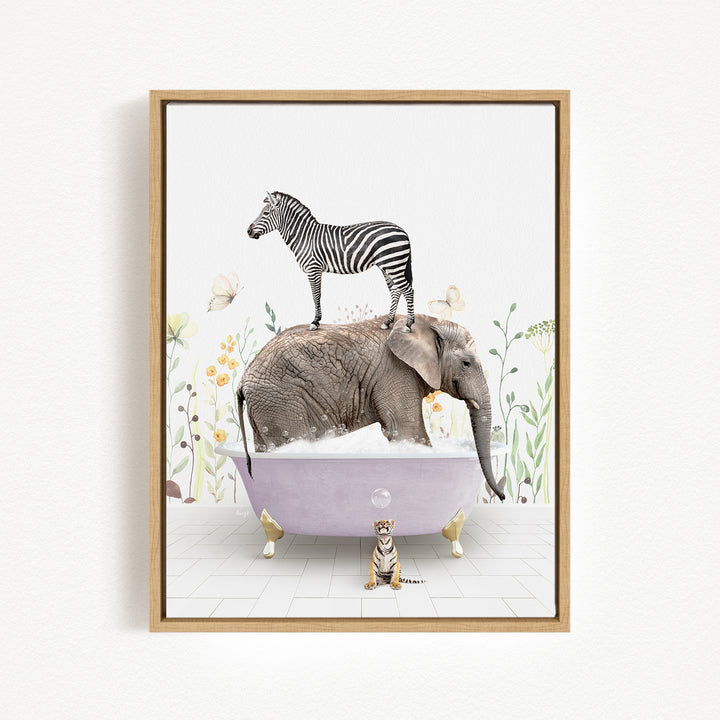 A zebra stands on the back of an elephant in a bathtub, surrounded by flowers and butterflies, creating a whimsical and surreal scene.