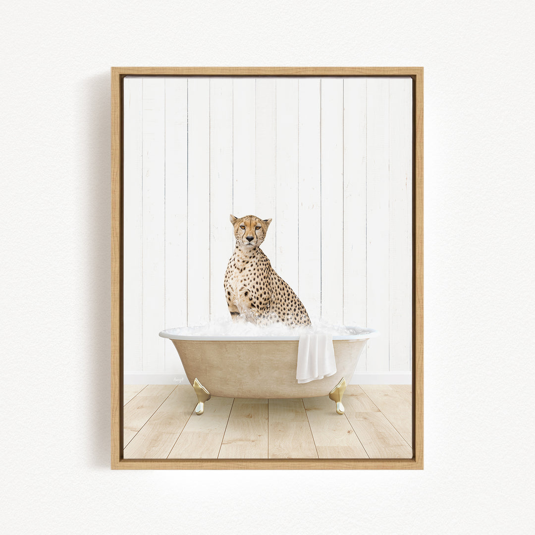 A cheetah sitting in a bathtub filled with water, with a towel hanging on the side of the tub.