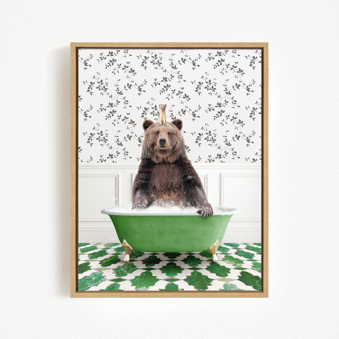 A brown bear sitting in a green bathtub, surrounded by a patterned wall and green and white floor tiles.