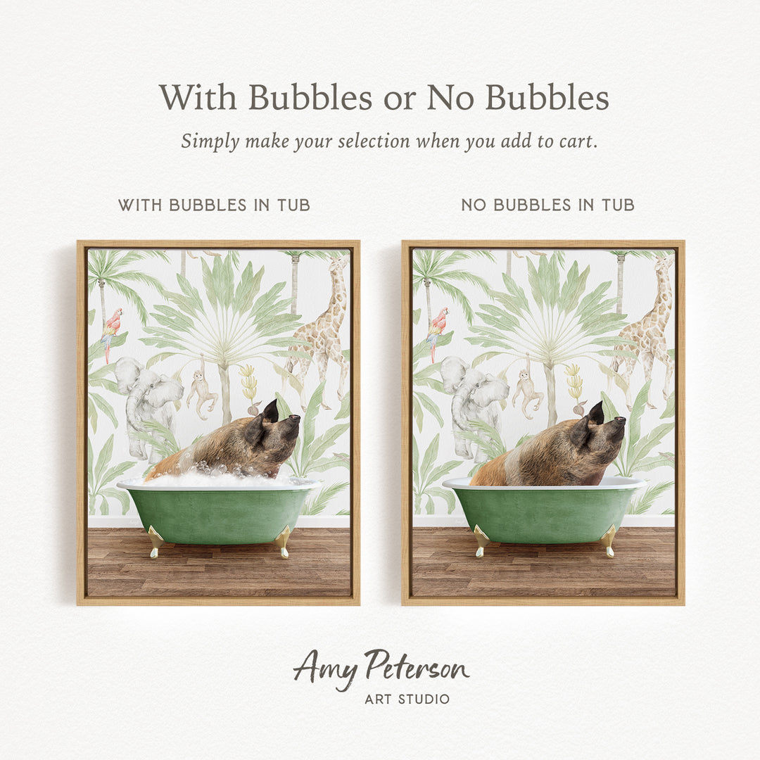 The image is a collage of two framed pictures, each depicting a dog in a bathtub. The dog appears to be enjoying a bath, surrounded by a tropical jungle-themed wallpaper. The collage is titled "With Bubbles or No Bubbles" and is created by Amy Peterson from Art Studio.