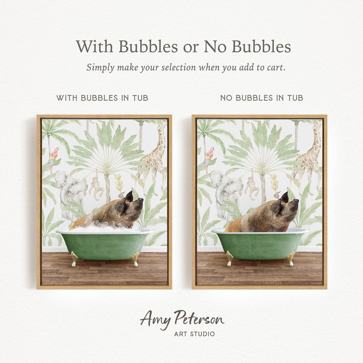 The image is a collage of two framed pictures, each depicting a dog in a bathtub. The dog appears to be enjoying a bath, surrounded by a tropical jungle-themed wallpaper. The collage is titled "With Bubbles or No Bubbles" and is created by Amy Peterson from Art Studio.