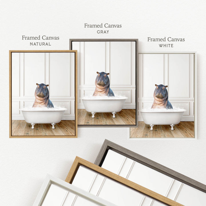 a framed picture of a hippopotamus sitting in a bathtub, with three different colored frames displayed side by side.
