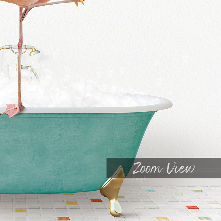 A turquoise bathtub filled with bubbles, with a pink flamingo perched on the edge.