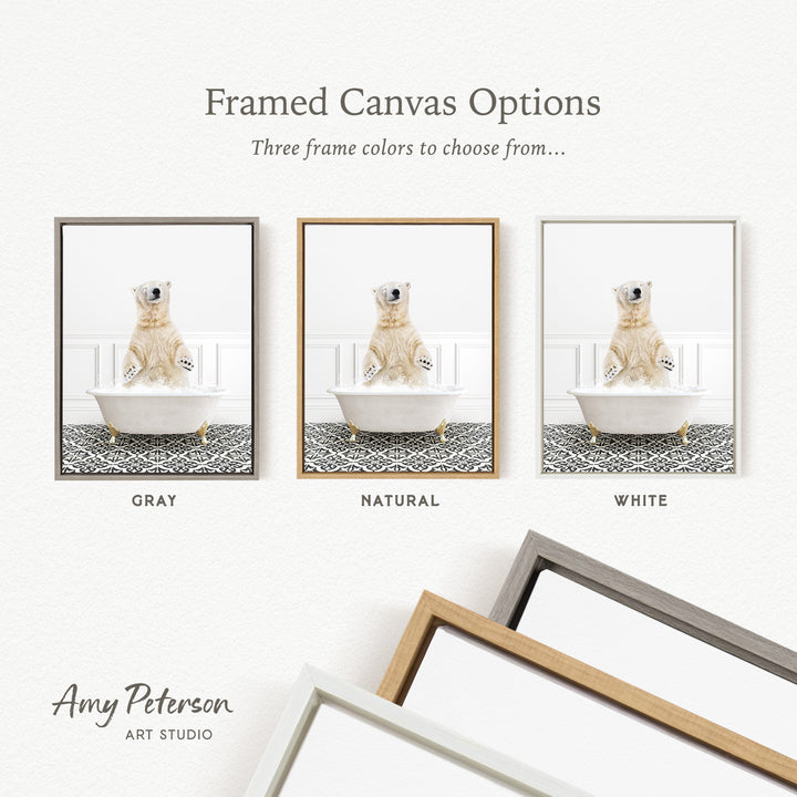three framed canvas options, each featuring a polar bear sitting in a bathtub. The options include a gray frame, a natural frame, and a white frame.