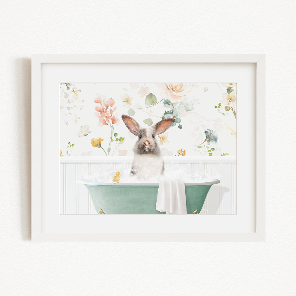 A cute rabbit sitting in a green bathtub filled with water, surrounded by a floral wallpaper.