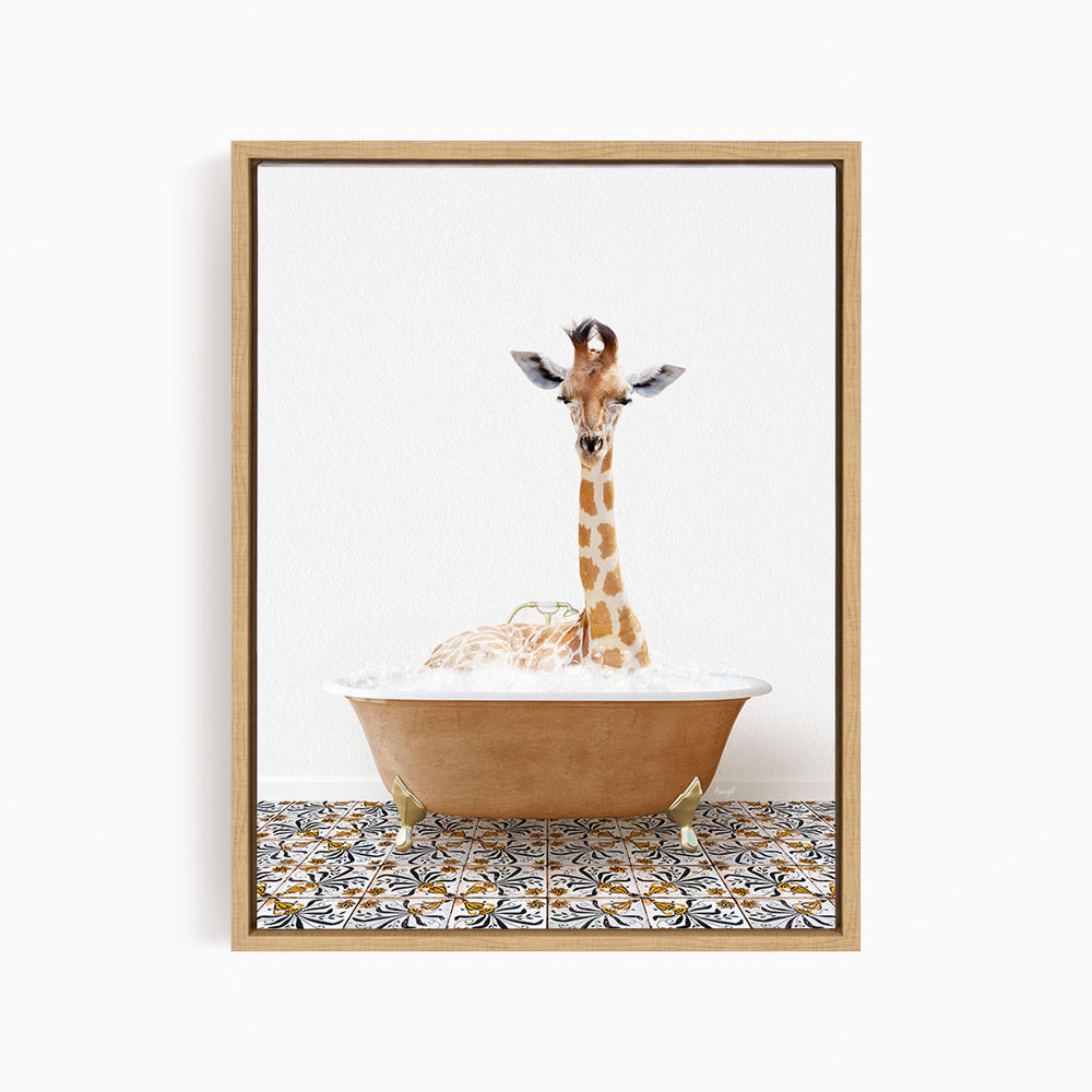 A giraffe is sitting in a bathtub filled with bubbles, creating a whimsical and playful scene.