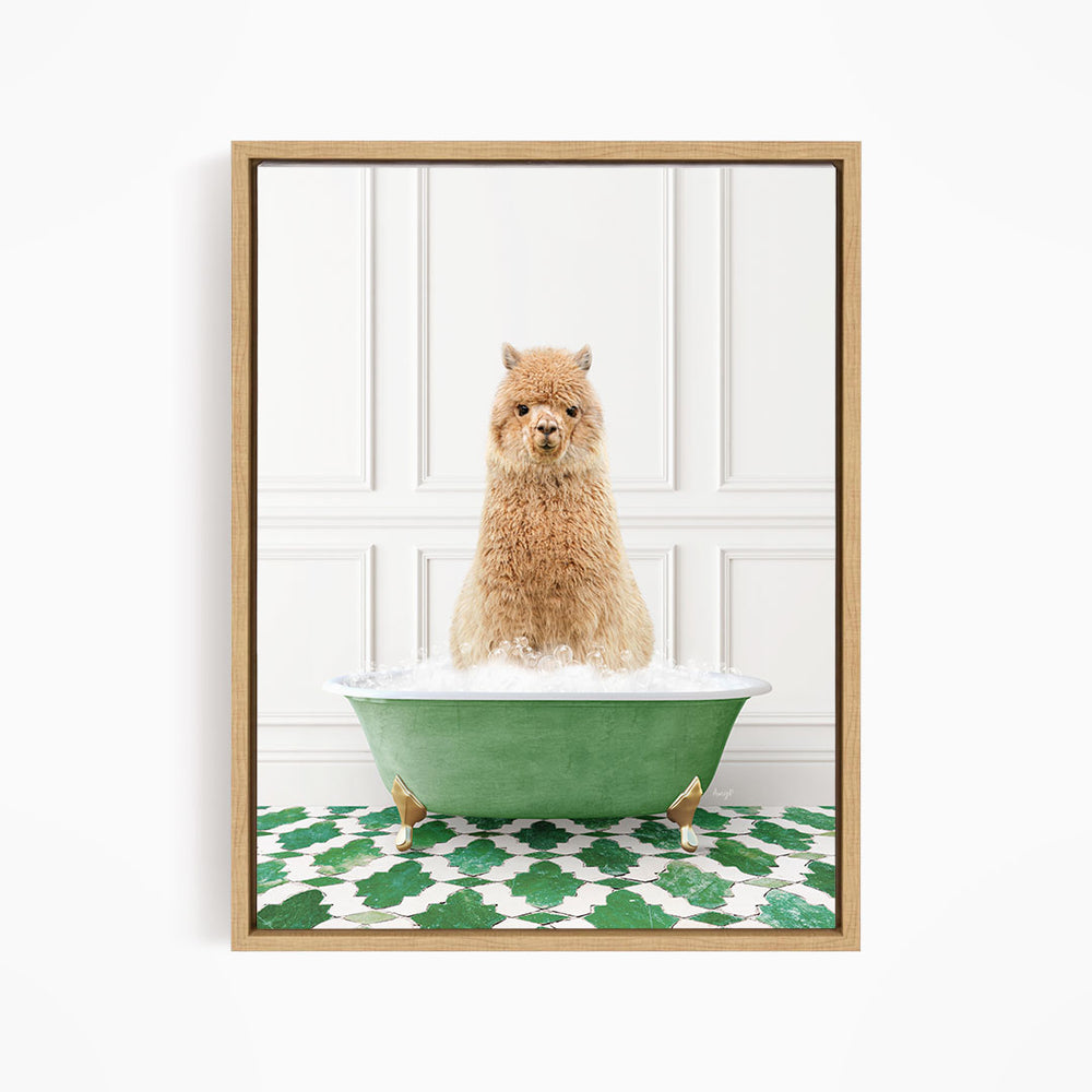 A fluffy brown dog sitting in a green bathtub filled with bubbles, surrounded by a green and white patterned floor.
