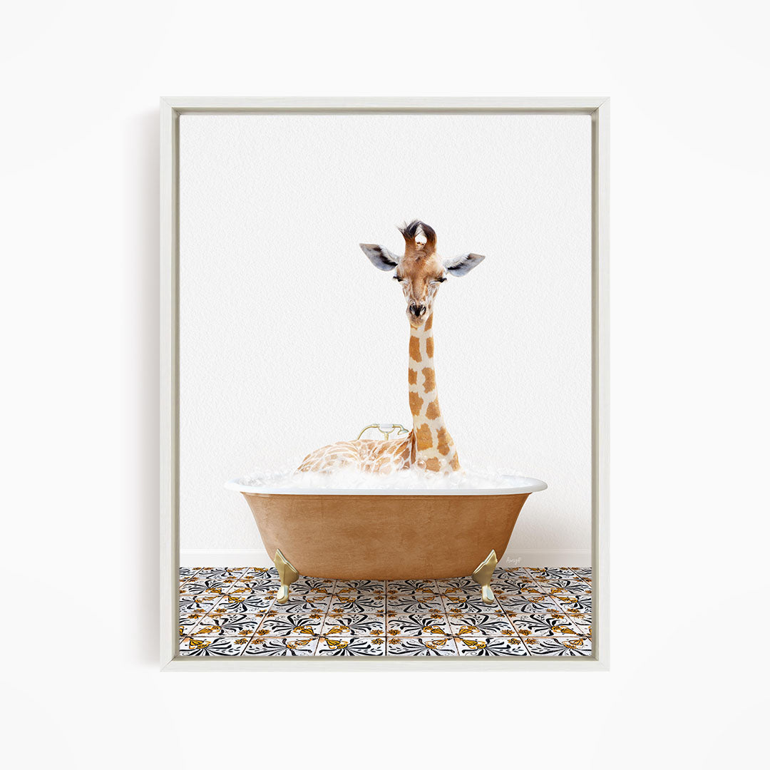 A giraffe is sitting in a bathtub filled with water, creating a whimsical and playful scene.