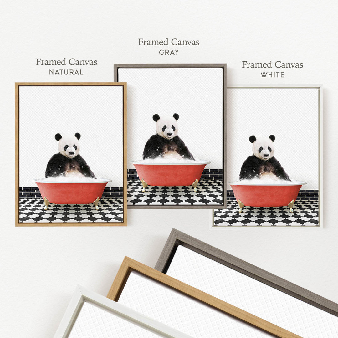 a panda bear sitting in a red bathtub, surrounded by a black and white checkered floor.