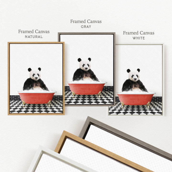 a panda bear sitting in a red bathtub, surrounded by a black and white checkered floor.