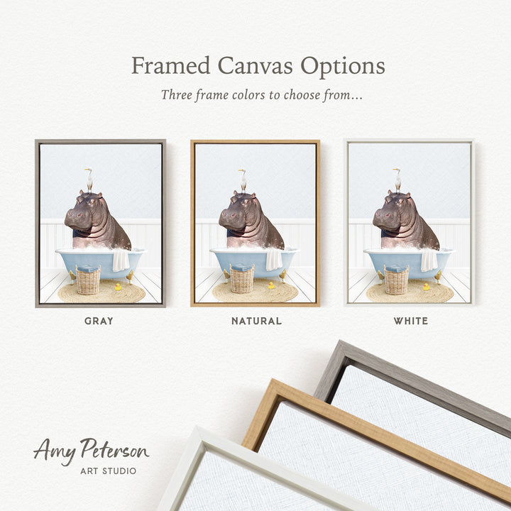 The image is a framed canvas option featuring three different colored frames, each containing a photograph of a hippopotamus sitting in a bathtub.
