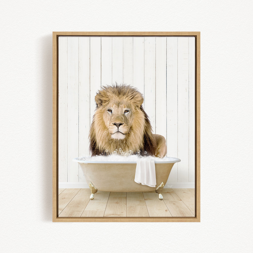 A lion sitting in a bathtub filled with water, with a towel hanging on the side of the tub.