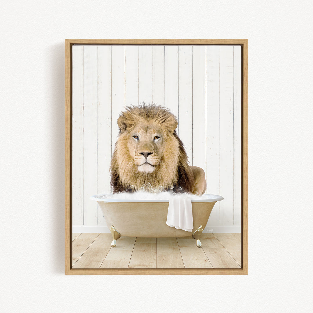 A lion sitting in a bathtub filled with water, with a towel hanging on the side of the tub.