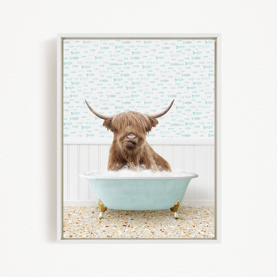 A brown cow with long horns is sitting in a light blue bathtub filled with bubbles, surrounded by a patterned wall and a white floor.