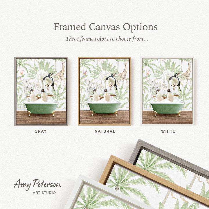 three framed canvas options, each featuring a different color and frame style. The options include a gray frame, a natural frame, and a white frame, each with a different background design.