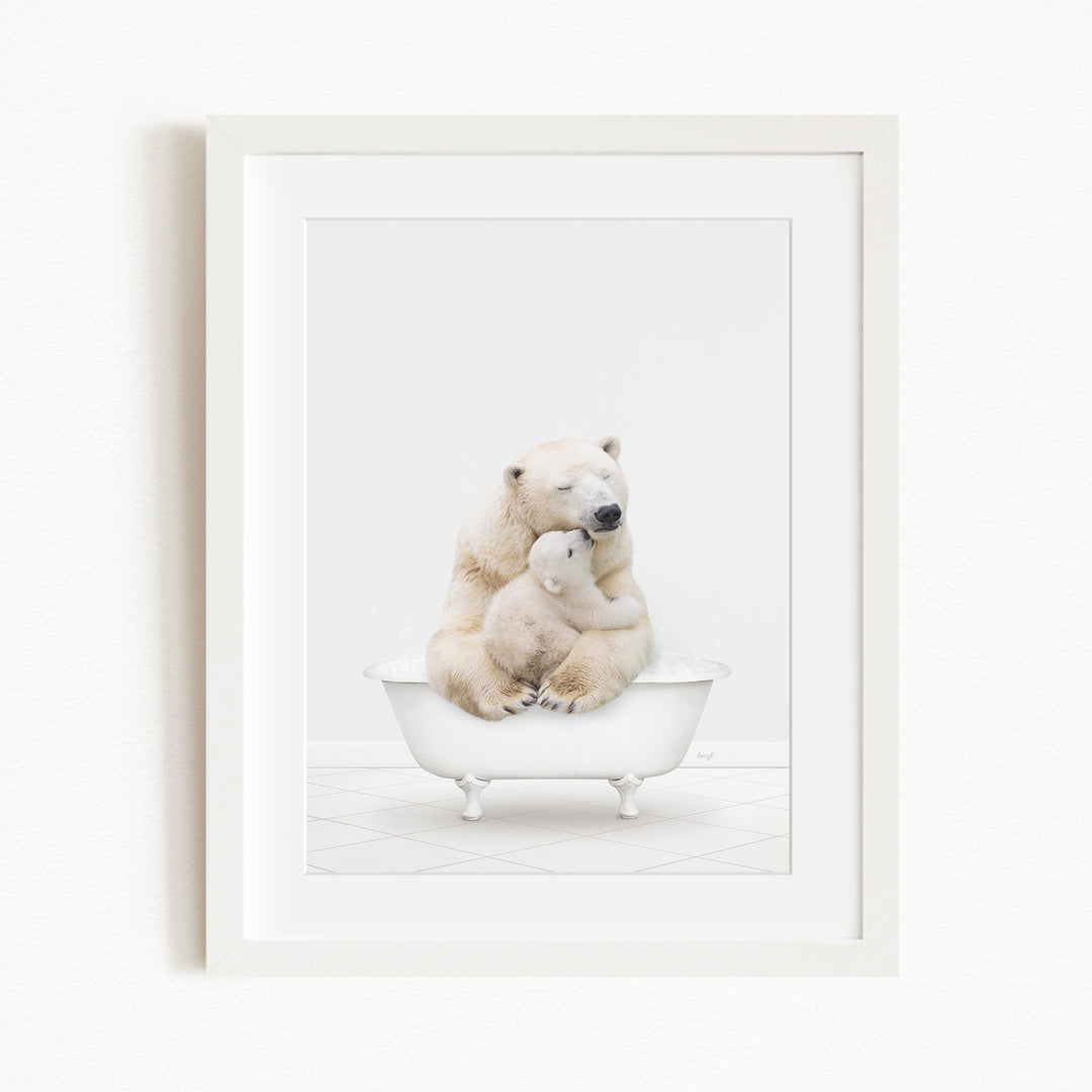 A polar bear and its cub sitting together in a bathtub, with the polar bear appearing to be hugging the cub.