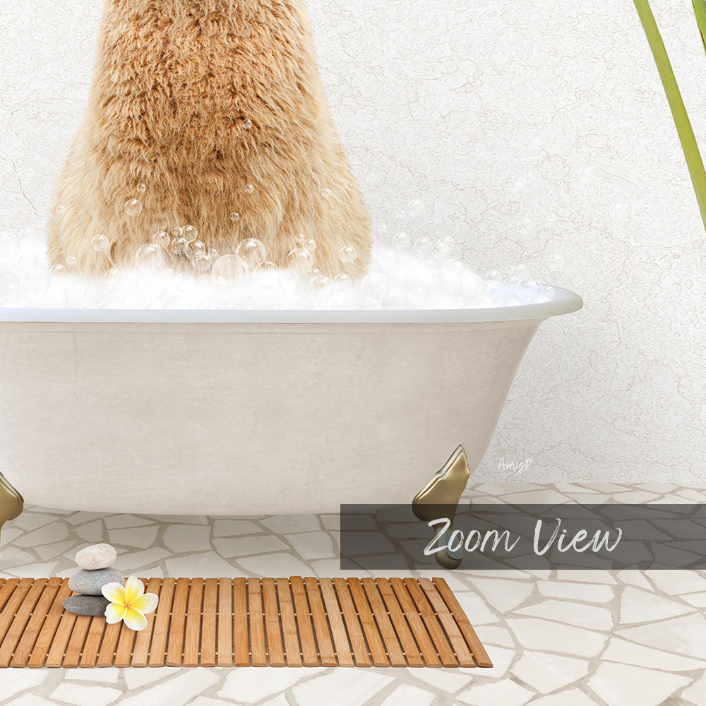 A fluffy brown cat sitting in a white bathtub filled with bubbles, surrounded by a wooden mat and a yellow flower.