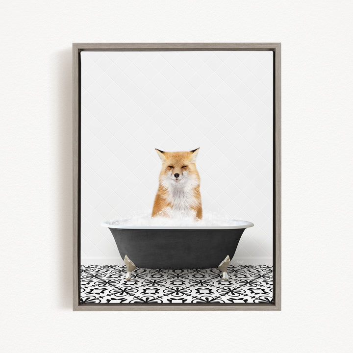 A red fox sitting in a black bathtub filled with water, with a black and white patterned floor beneath it.
