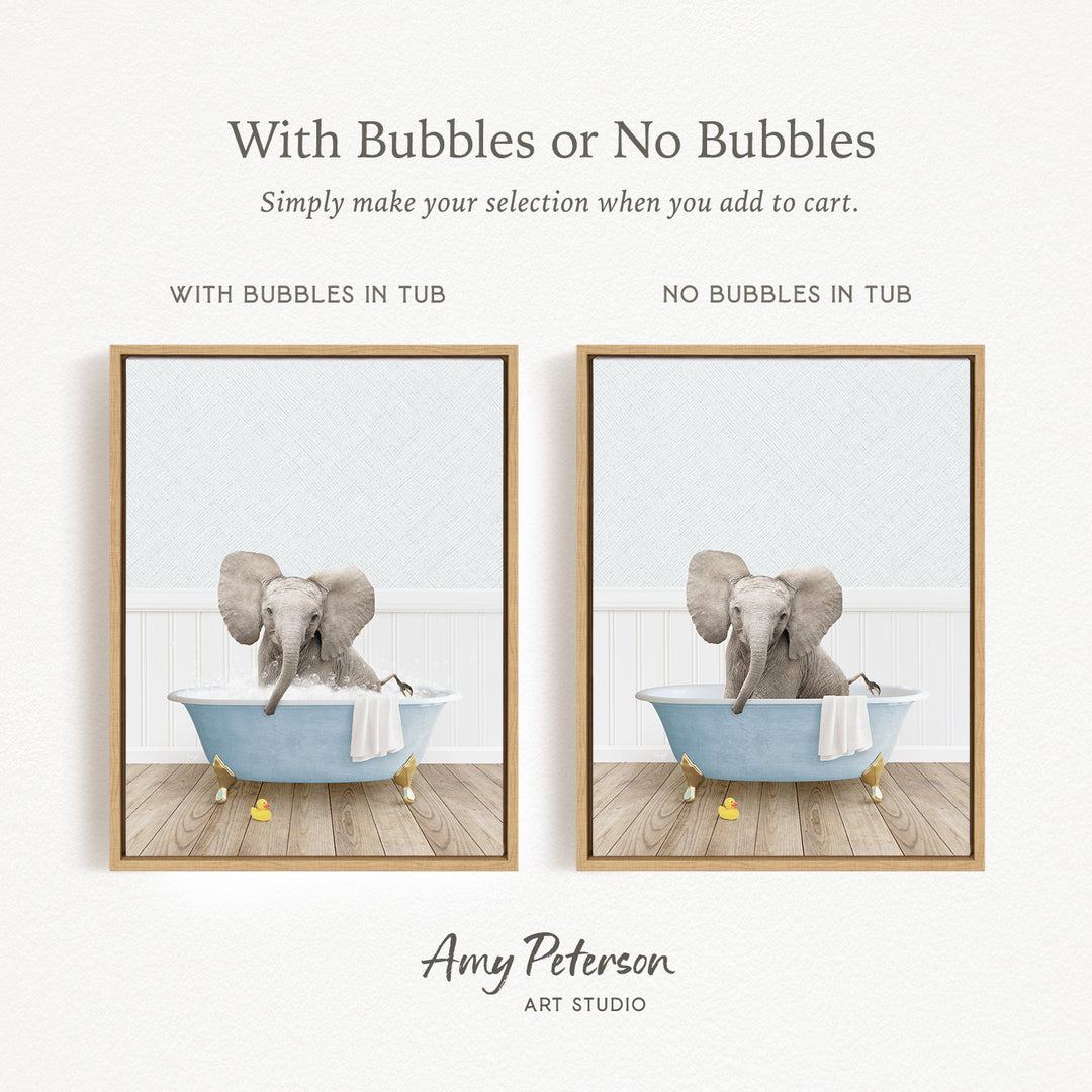 The image is a collage of two pictures, each depicting an elephant sitting in a bathtub. The elephant in the first picture has bubbles in the tub, while the elephant in the second picture does not have bubbles. The collage is titled "With Bubbles or No Bubbles" and is created by Amy Peterson from Art Studio.