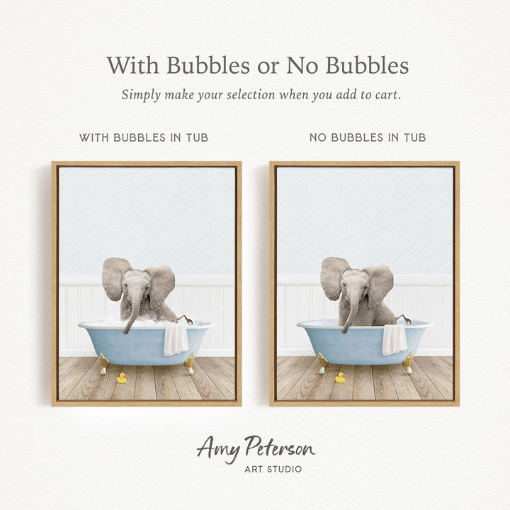 The image is a collage of two pictures, each depicting an elephant sitting in a bathtub. The elephant in the first picture has bubbles in the tub, while the elephant in the second picture does not have bubbles. The collage is titled "With Bubbles or No Bubbles" and is created by Amy Peterson from Art Studio.