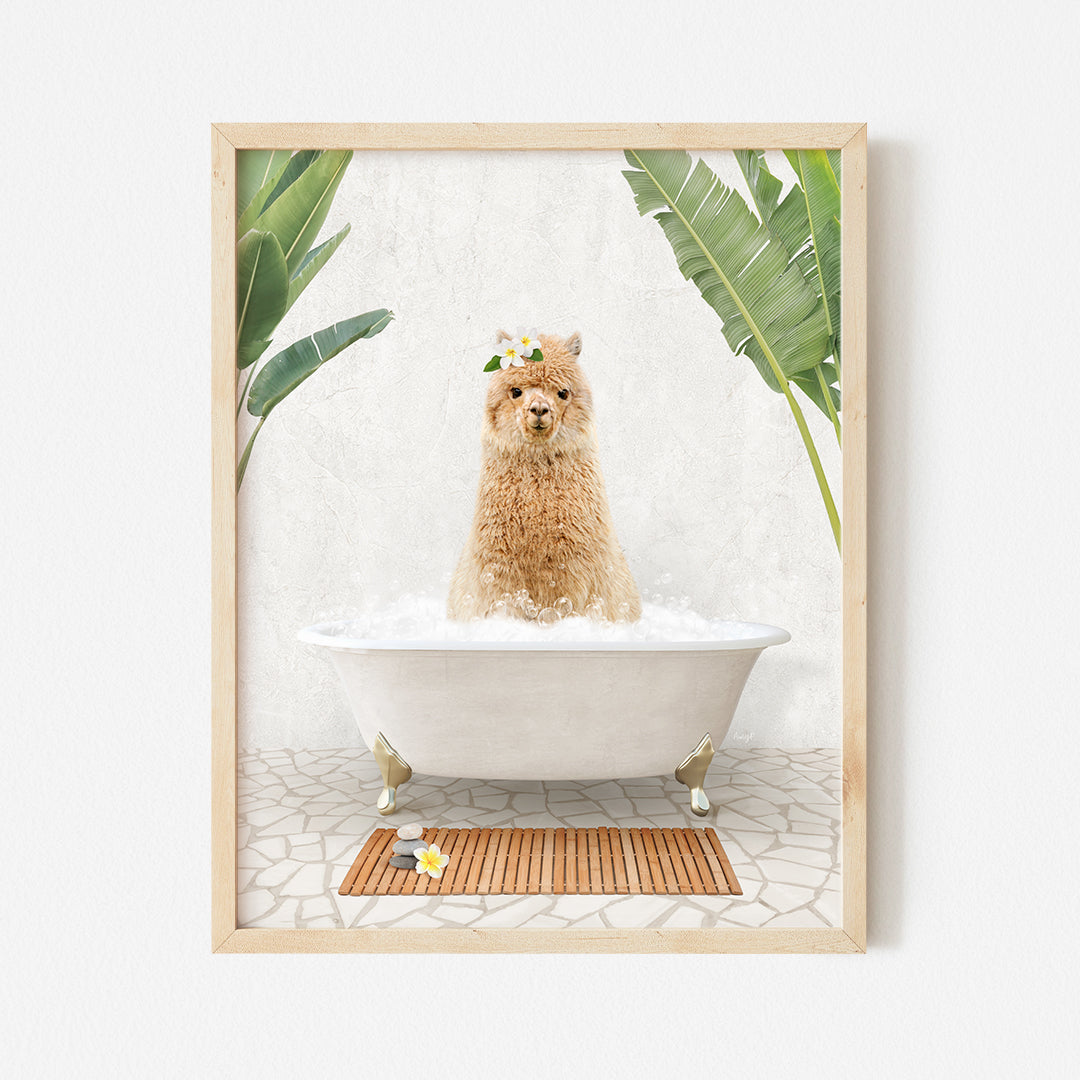 a dog sitting in a bathtub with a flower in its hair