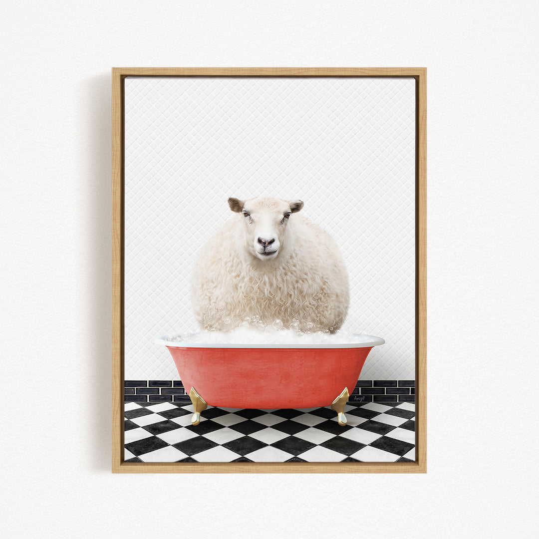 A fluffy white sheep sits in a red bathtub on a black and white checkered floor.